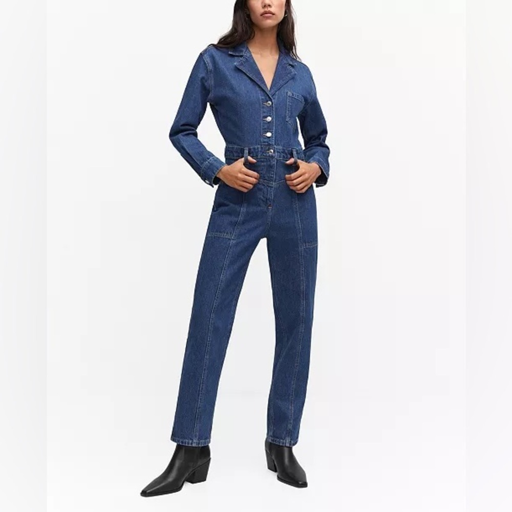 NWOT Mango MNG Denim Jumpsuit Long Sleeve Button Front Size S